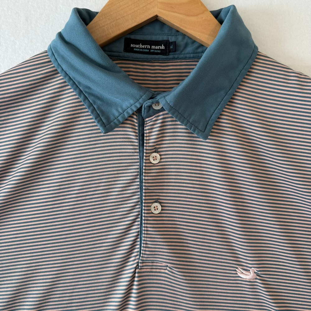 Southern Marsh Mens XL Performance Polo Shirt Striped Teal Peach Short Sleeve